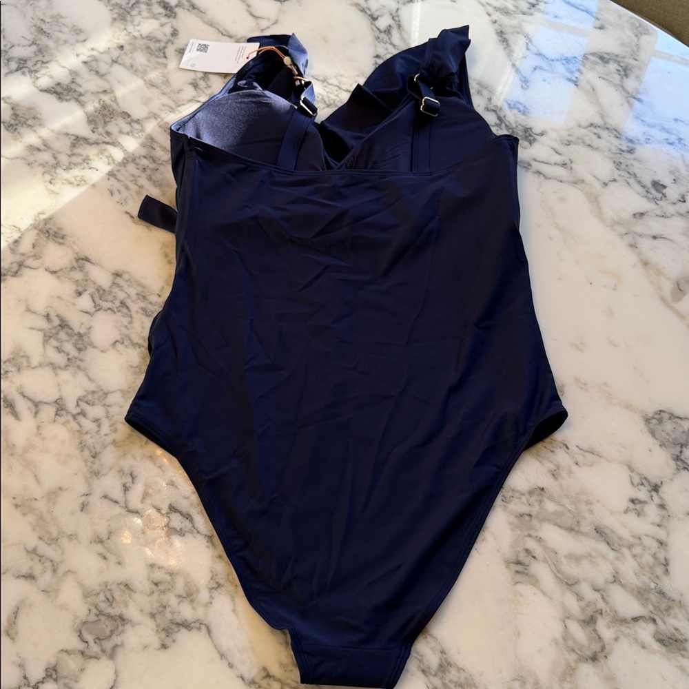 NWT Quince Italian Maternity One-Piece Ruffle Wrap Swimsuit Navy Blue Sz Large - Picture 8 of 11